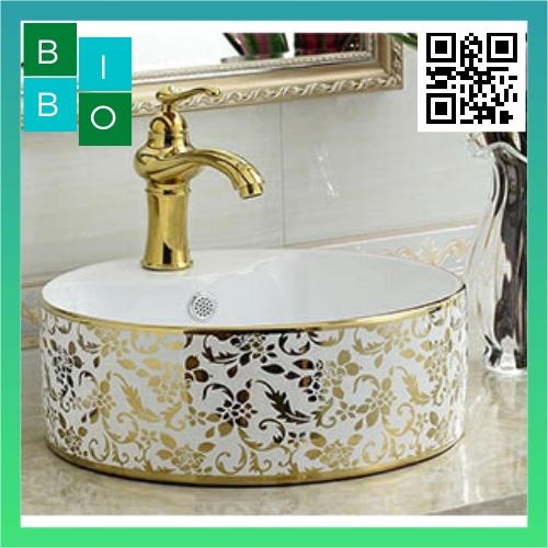 Lavabo Đặt Bàn Tròn Mạ Hoa Văn Vàng