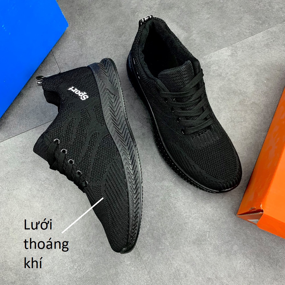 Giày Thể Thao Nam Màu Đen, Sneaker Nam Màu Đen,  Đế Êm, Nhẹ Thoáng Khí S355