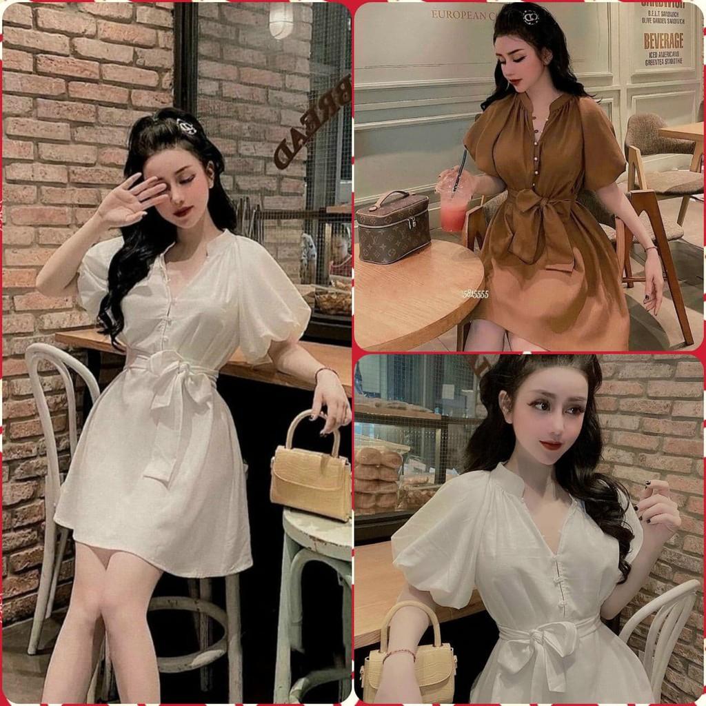 Đầm chữ A xòe phối dây mặc 2 kiểu, ĐẦM SUÔNG NÚT CƯỜMM