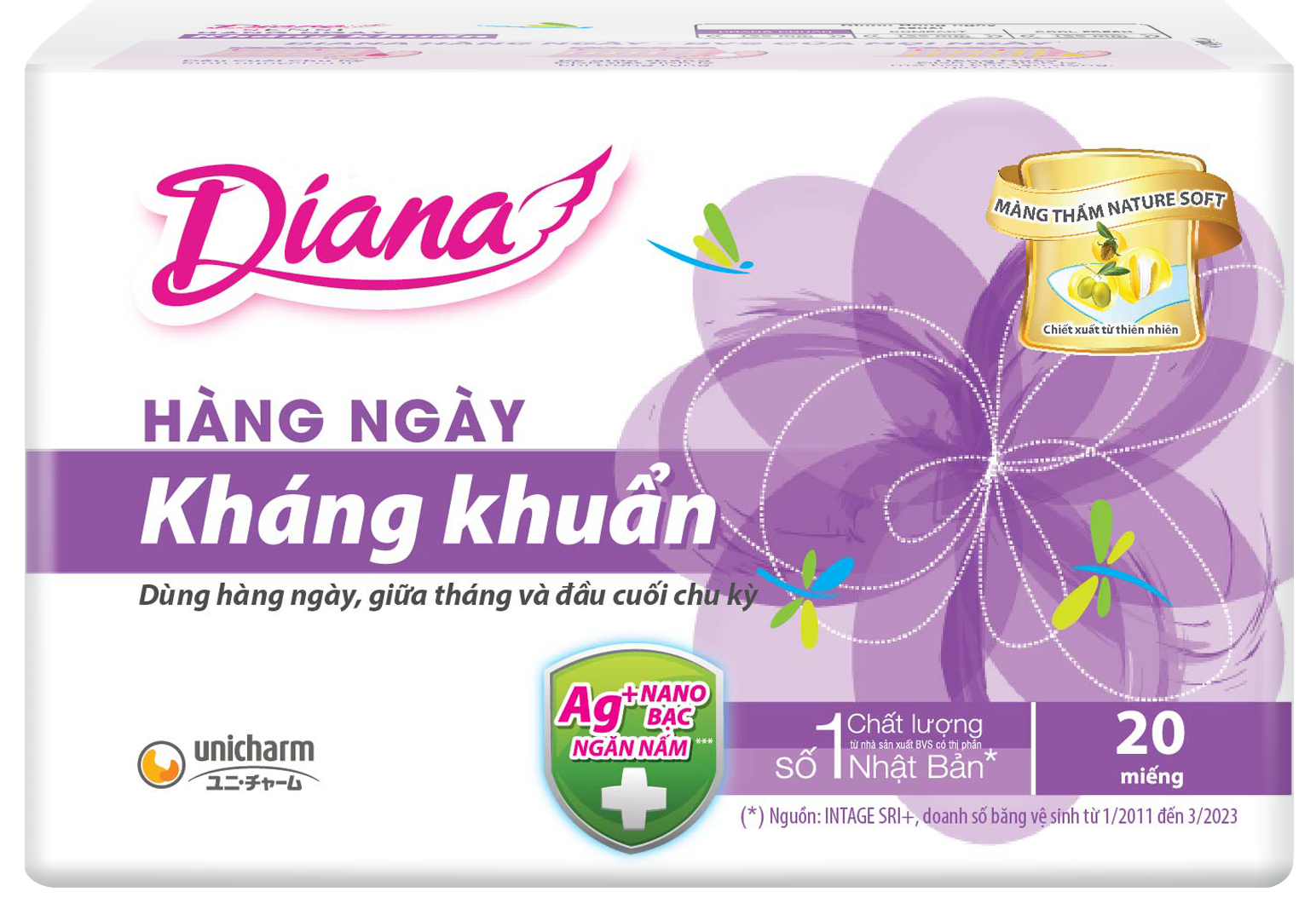 Bộ 6 gói băng vệ sinh Diana hàng ngày kháng khuẩn gói 20 miếng
