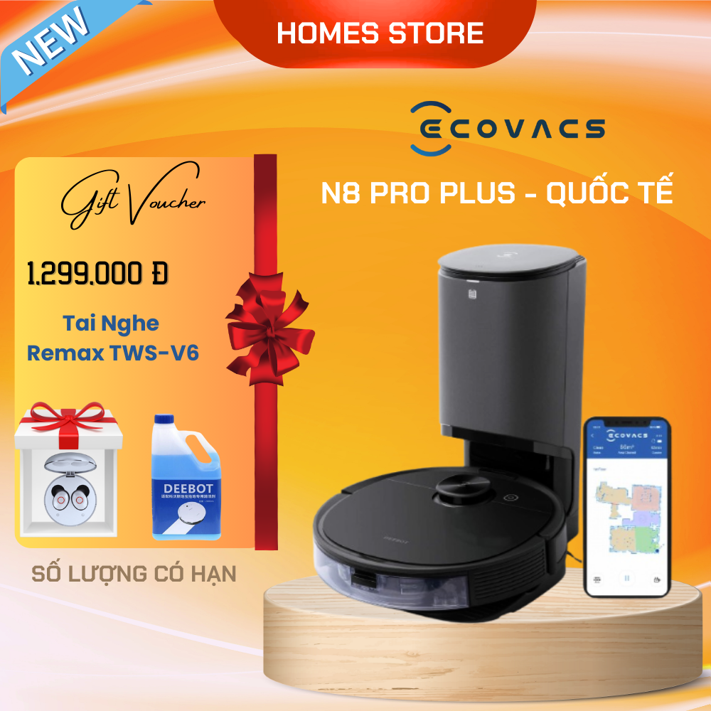 Robot Hút Bụi Lau Nhà ECOVACS DEEBOT N8 PRO PLUS Kết Nối App Công nghệ OZMO 2.0 Lực Hút 2600 Pa Phù Hợp Diện Tích 200m2 Với Công Suất 40W - Hàng Chính Hãng