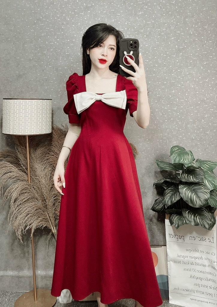 ĐẦM MIDI NƠ NGỰC PHỐI MÀU  14489