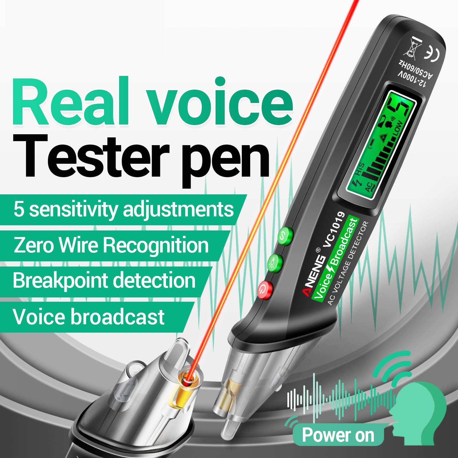 ANENG VC1019 LCD Digital Test Pen Non-contact Voice Broadcast Tester Pen Sensitivity Adjustable with Laser Indicator Sound/Light Alarm Flashlight