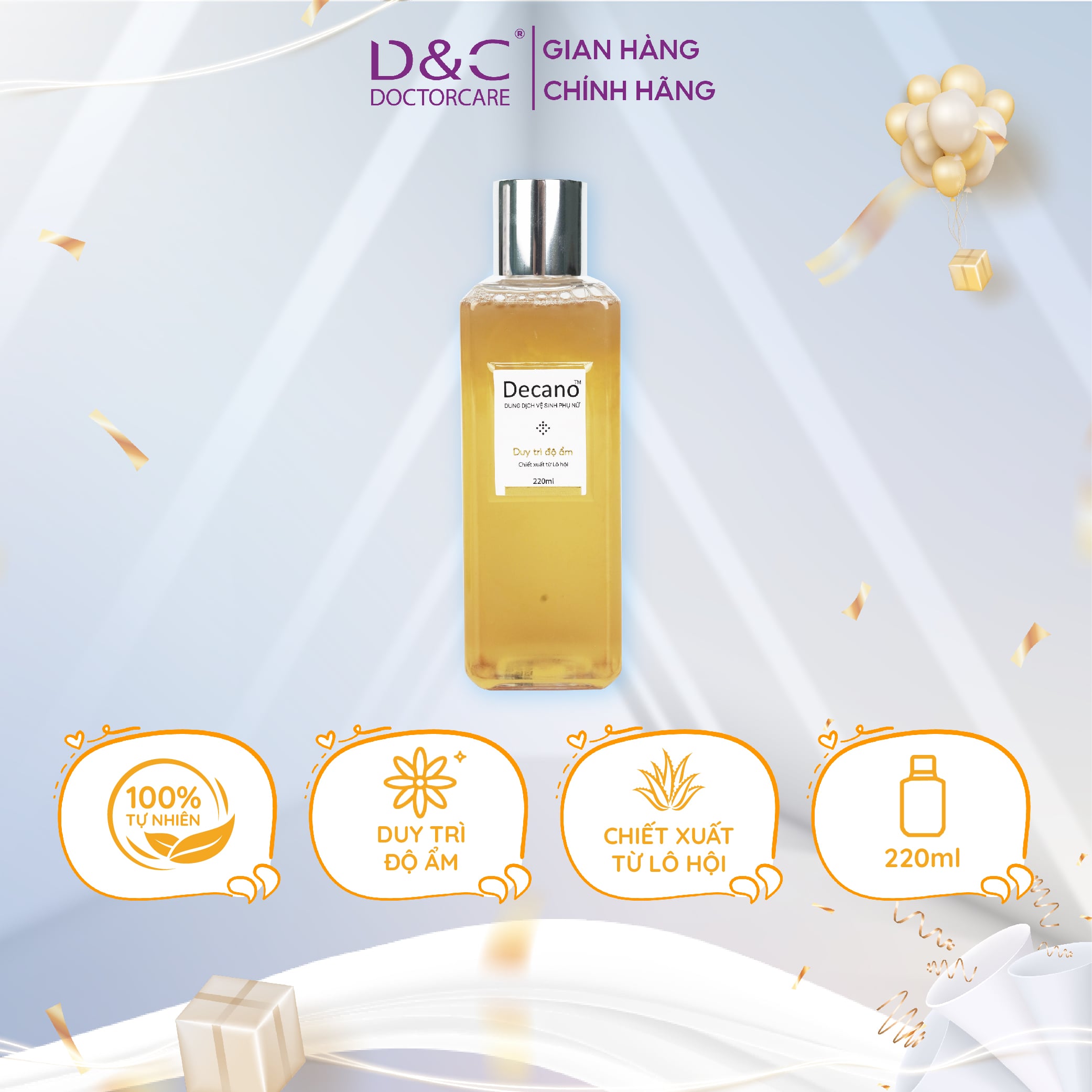 Dung dịch vệ sinh phụ nữ Doctor Care Decano 220ml chiết xuất lô hội kháng khuẩn ,duy trì độ ẩm