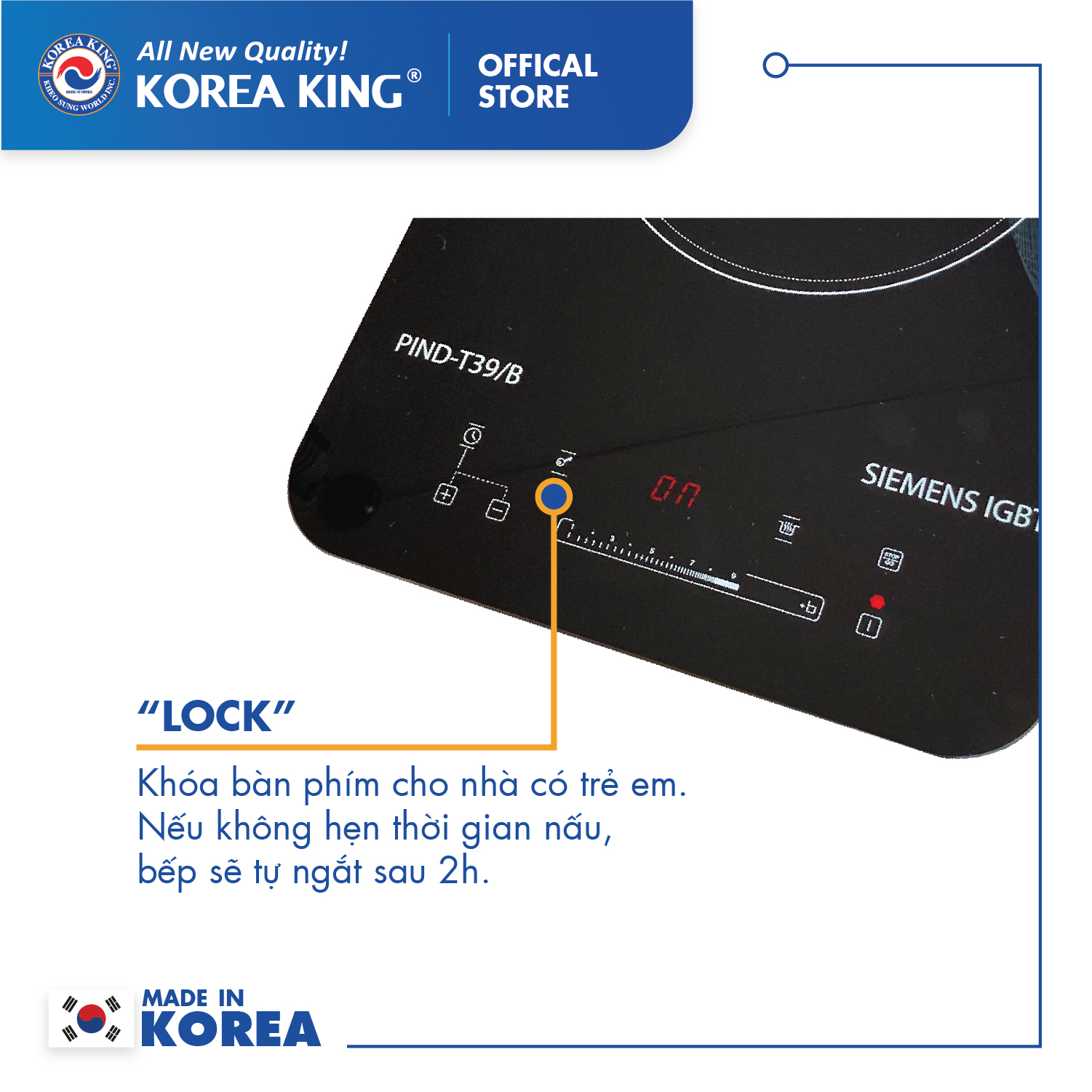 Bếp điện từ Korea King PIND-T39B (bếp đơn, mặt kính cường lực, công suất 2000W ) - Hàng chính hãng