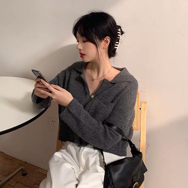 MS807 Áo len nữ dệt kim sợ to túi ngực cổ bẻ croptop