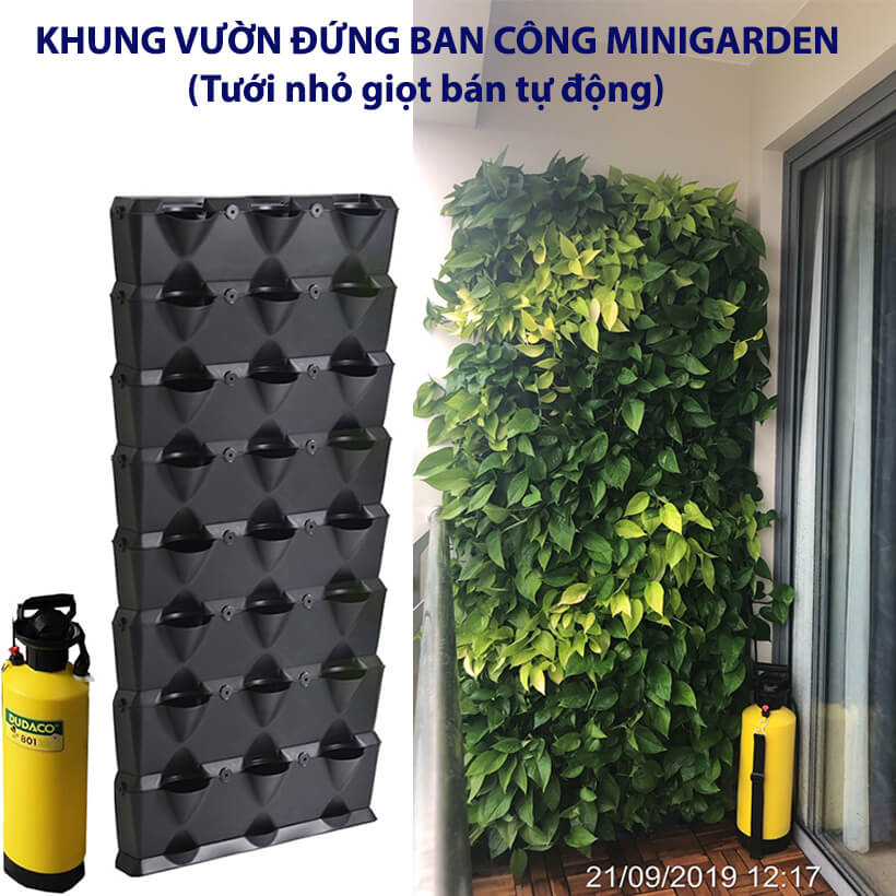 Chậu Trang Trí Cây Ban Công Đứng Vertical nhập khẩu Minigarden Bồ Đào Nha KÈM giải pháp Tưới Nhỏ Giọt Bán tự động dù ban công KHÔNG có vòi cấp nước