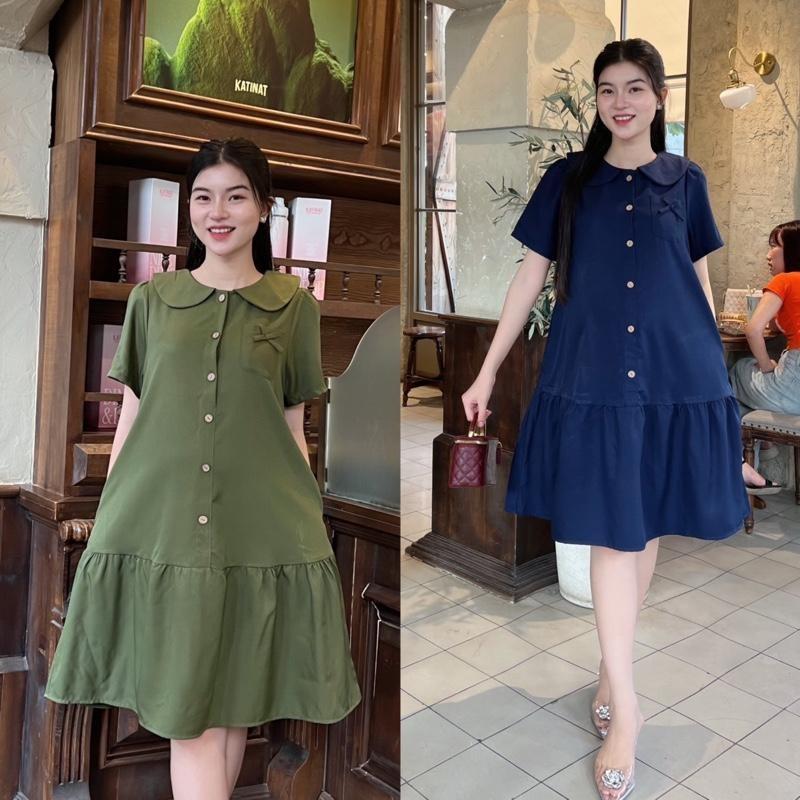 Đầm bầu công sở form đuôi cá phối nút cổ sen chất cotton lạnh đồ bầu đẹp dễ thương - Xanh rêu
