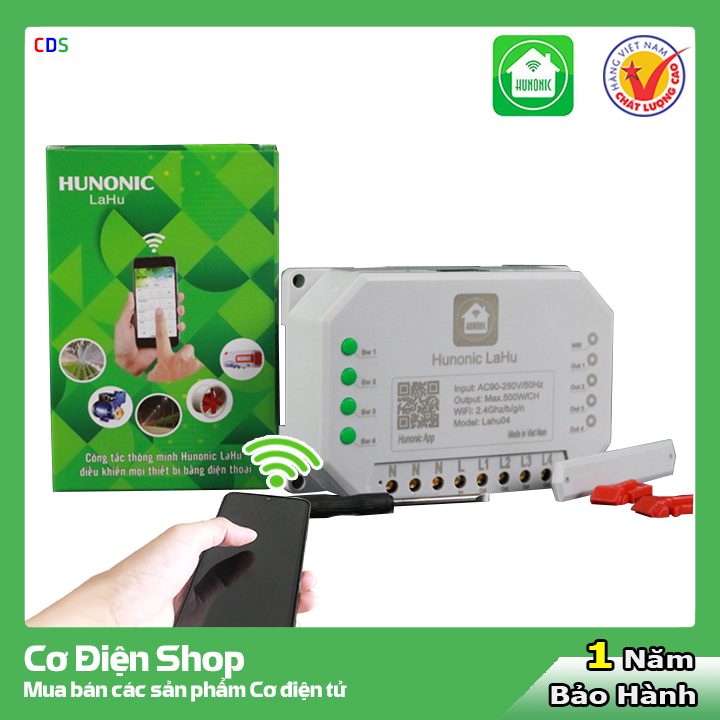 Công tắc điều khiển từ xa bằng điện thoại Hunonic Lahu 4 kênh 500W/kênh + Hẹn giờ thông minh | Công nghệ 4.0