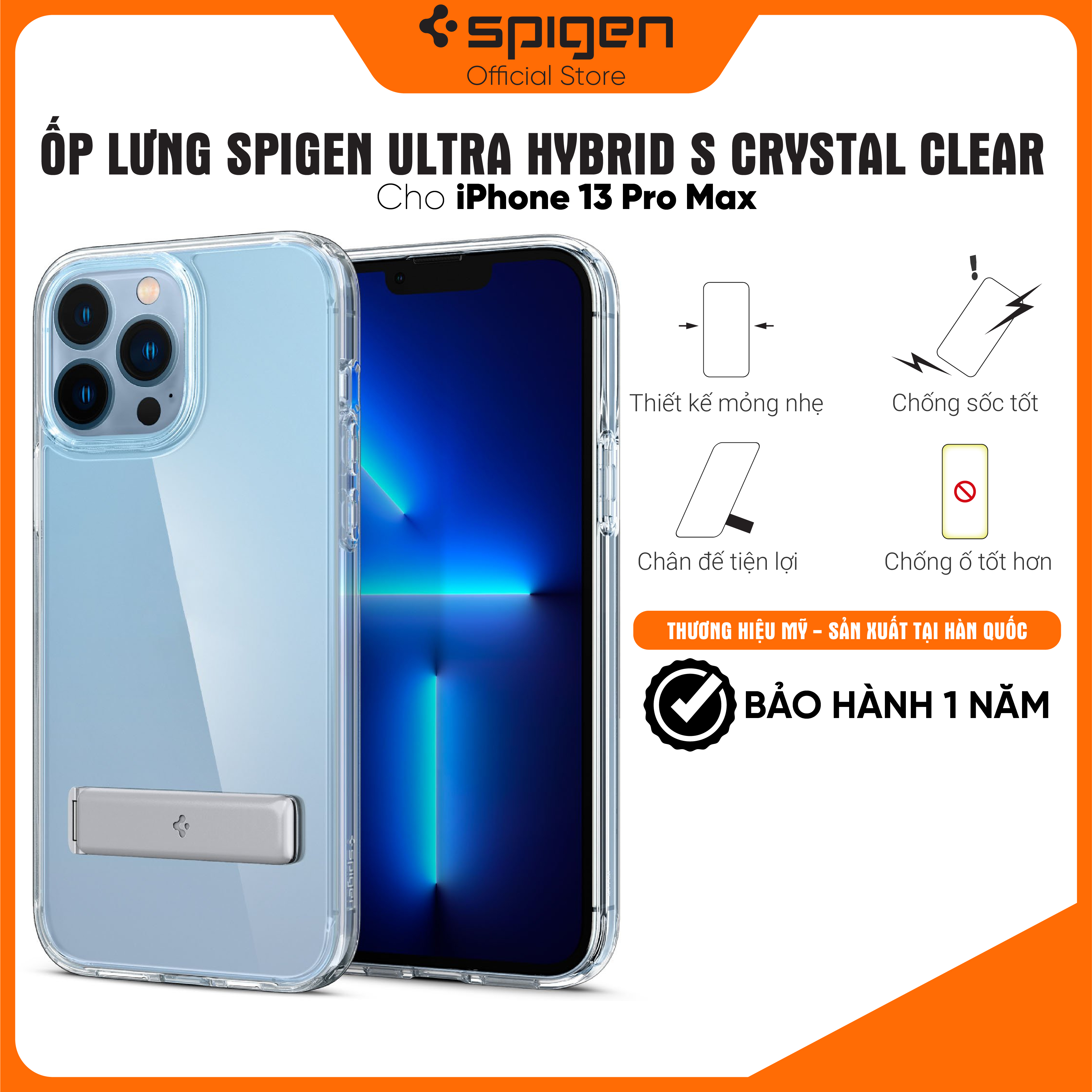 Ốp lưng Spigen Ultra Hybrid S Crystal cho iPhone 13 Pro Max - Thiết kế trong suốt, tích hợp chân đế, chống sốc, chống bẩn, viền camera cao - Hàng chính hãng