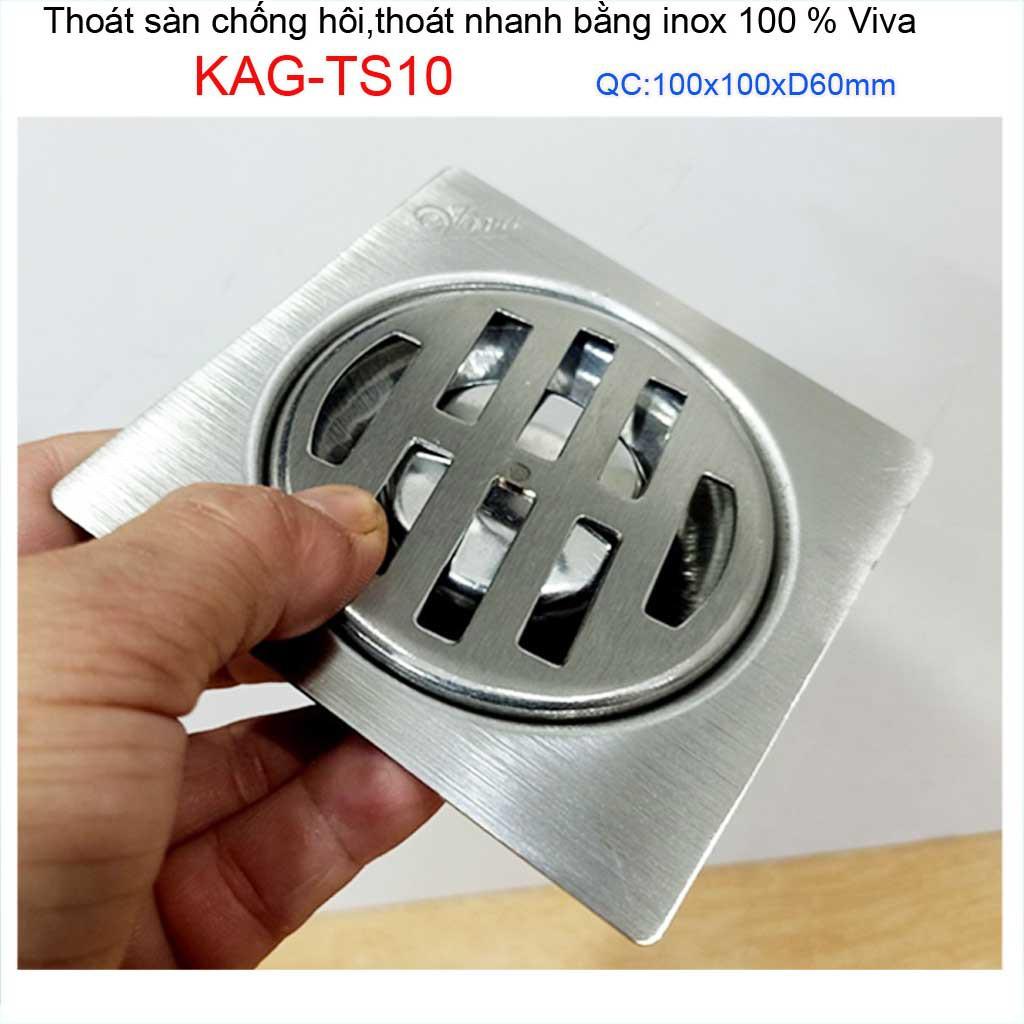 Hố ga thoát sàn viva ống 6cm Inox mờ, phễu thoát nước chống hôi vuông 10x10cm KAG-TS10 -D60