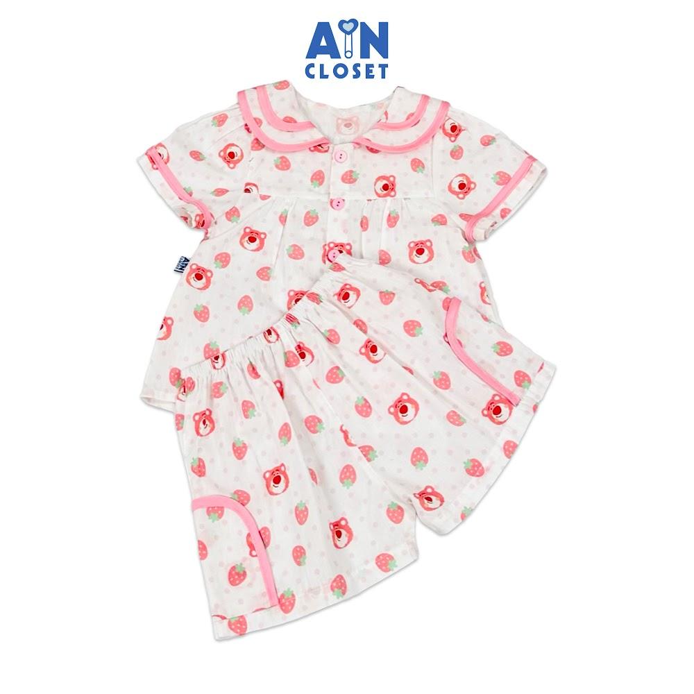 Bộ quần áo Ngắn bé gái họa tiết Gấu Dâu hồng cotton - AICDBGPXLFNW - AIN Closet