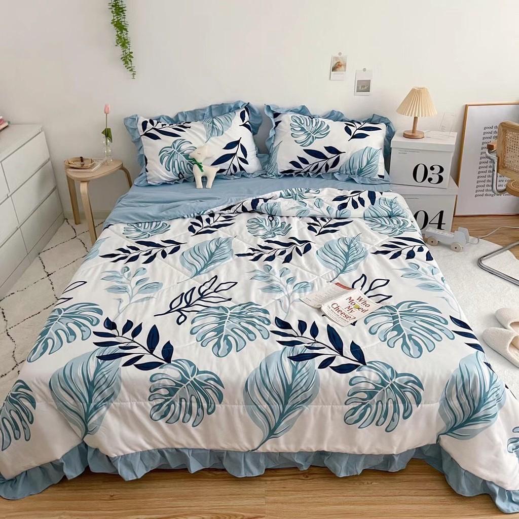 Bộ chăn đũi hè vỏ ga và 2 vỏ gối M2T bedding chăn lót bông thiết kế phối bèo họa tiết lá cọ xanh