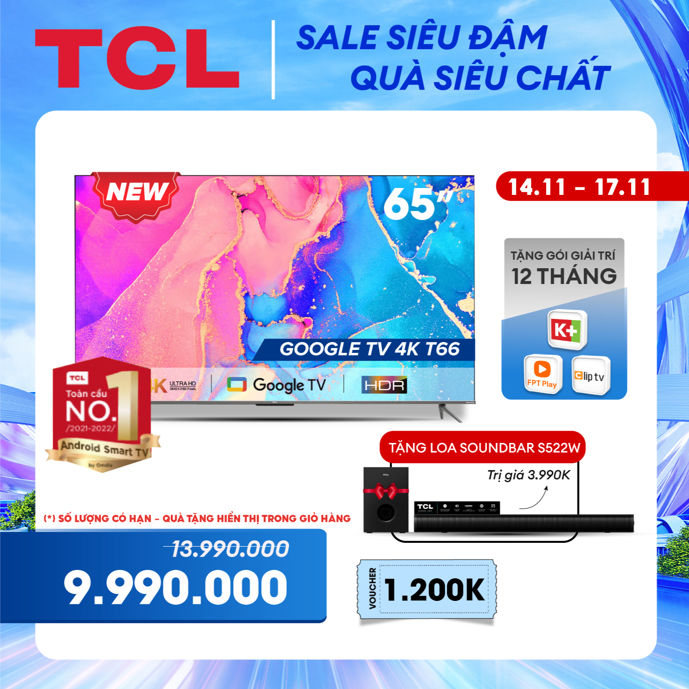 Google Tivi TCL 65'' 4K HDR Dolby Audio - 65T66 - Tivi Giá Rẻ Chất Lượng - OK Google - Bảo Hành 2 Năm - Hàng chính hãng - SD