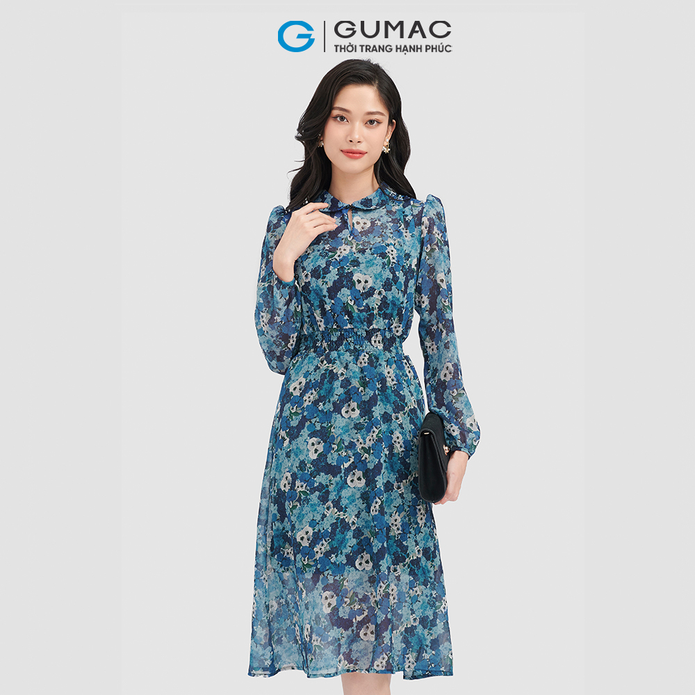 Đầm form A GUMAC LD0906 họa tiết tay dài eo nhún thời thượng