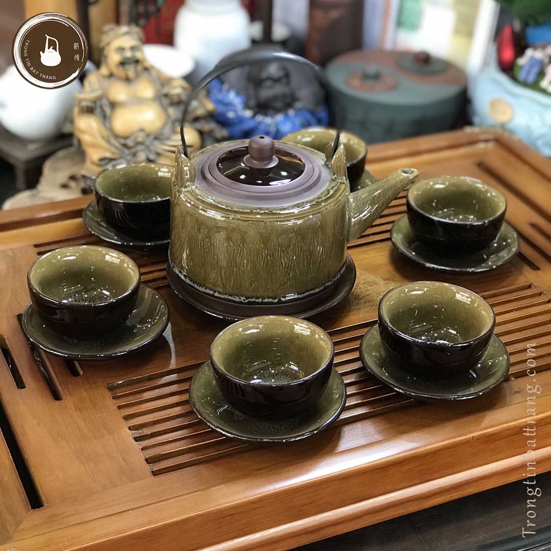 Bộ Ấm Chén Trà Đạo Men Hỏa Biến Hoàng Thổ Bát Tràng Dáng Biến Trúc Đề Lương Dung Tích 550ml AVMT 14