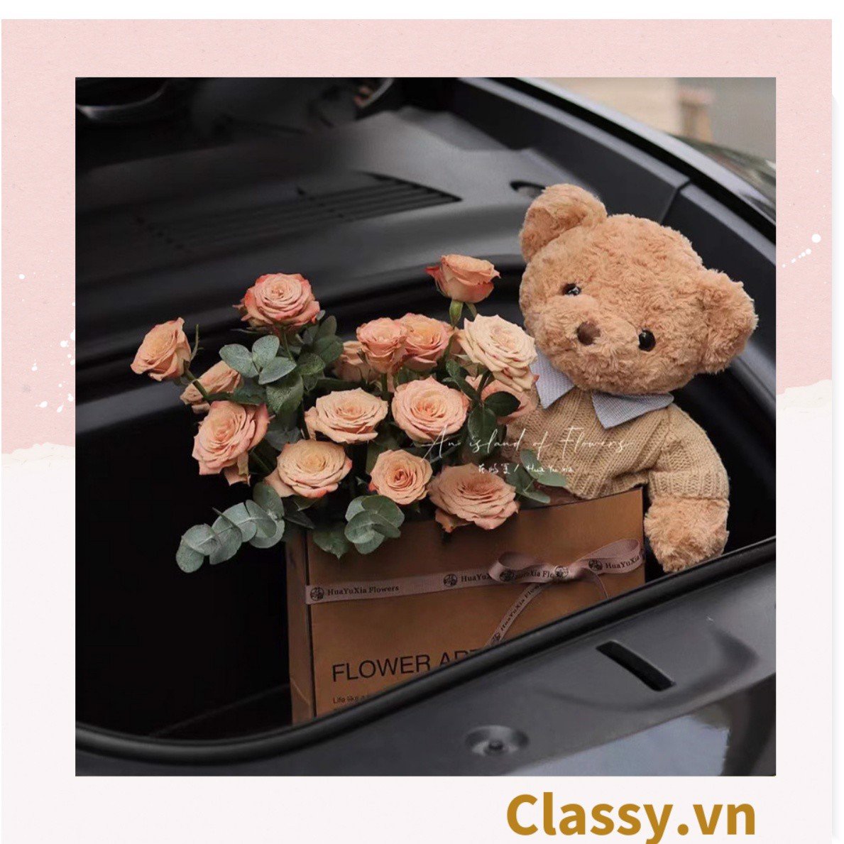 Túi giấy quai xách 30 X 25 X 13 cm đựng hoa trang trí in chữ Flower Art màu Nâu kraft vintage Q1727