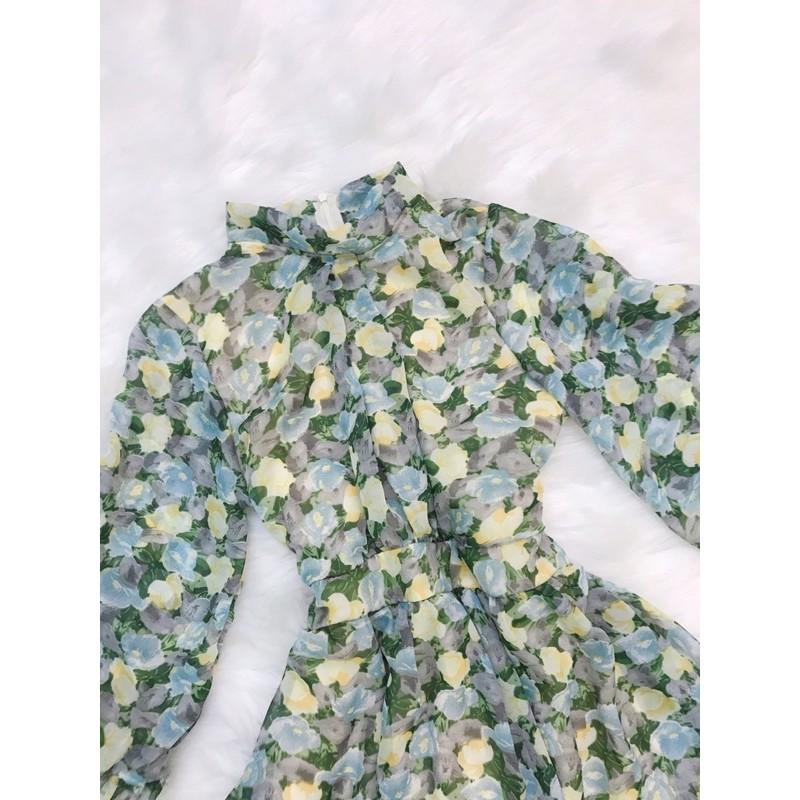 Đầm voan xoè hoạ tiết tay dài loe cột nơ phong cách tiểu thư dịu dàng quý phái kèm hình thật