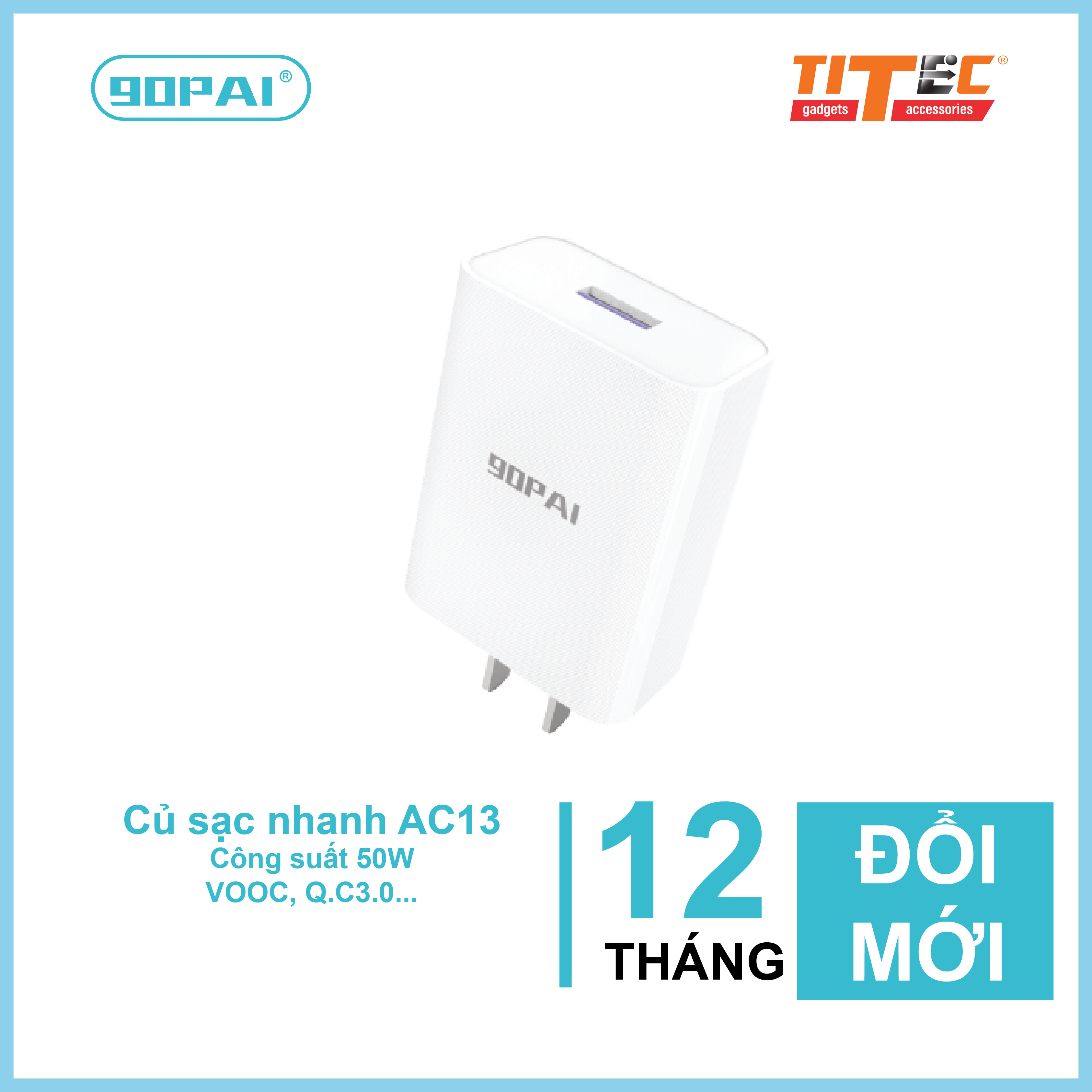 Củ sạc nhanh thương hiệu 90PAI AC13 hỗ trợ sạc siêu nhanh Supper Vooc công suất tối đa lên đến 50W, chip điều chỉnh dòng điện thông minh - hàng chính hãng