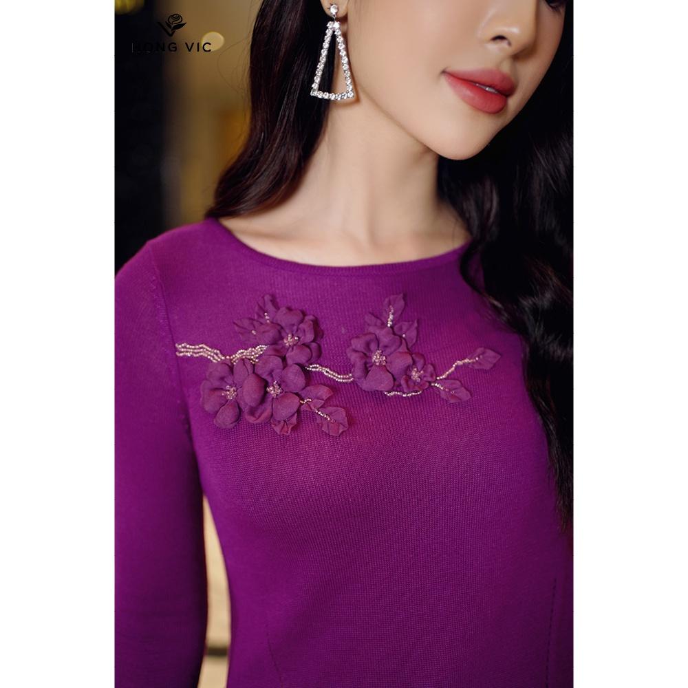 Áo nữ thiết kế Hongvic len hồng đậm vạt tôm AL17