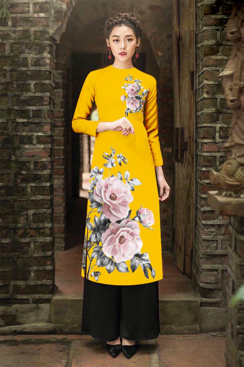 Áo dài cách tân in nụ tầm xuân cao cấp - KHÔNG KÈM QUẦN