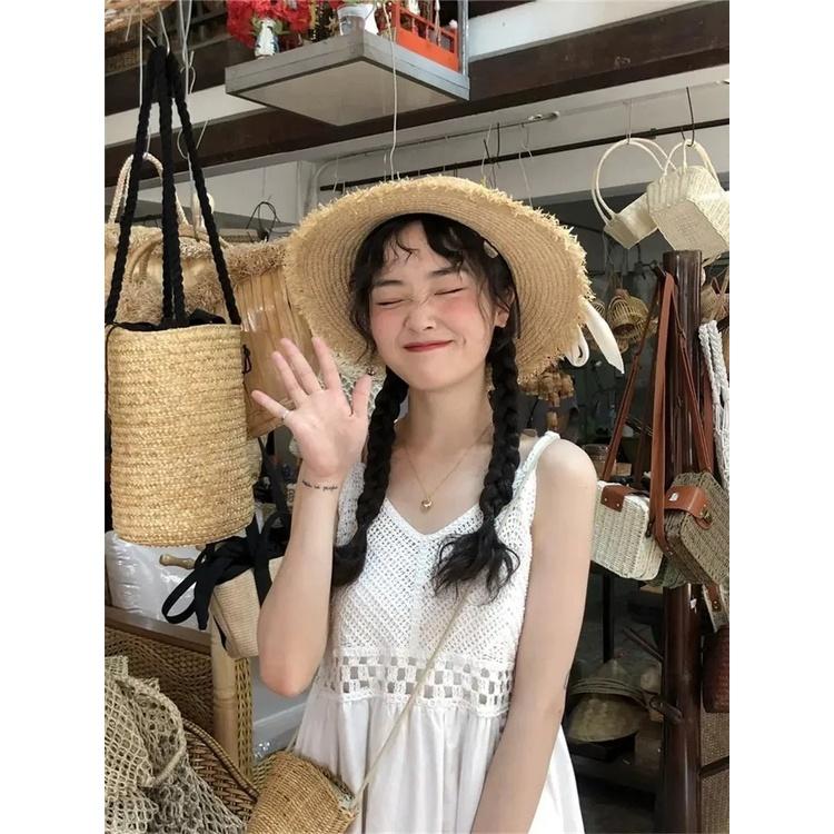 MS592 Váy maxi hai dây đan móc đi biển, đầm dáng xoè dễ thương