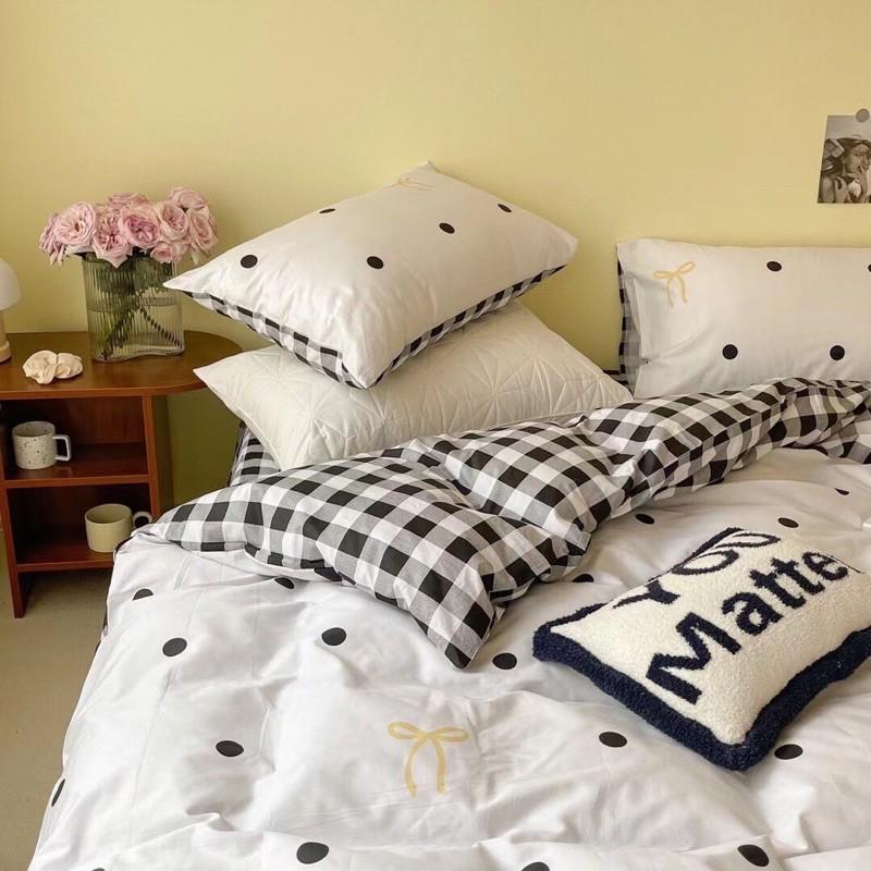 Set Chăn Ga Gối Cotton Living Dây Nơ 100% cottonHàng Nhập Khẩu Cao Cấp 4 Món Nơ Xinh Chấm Bi