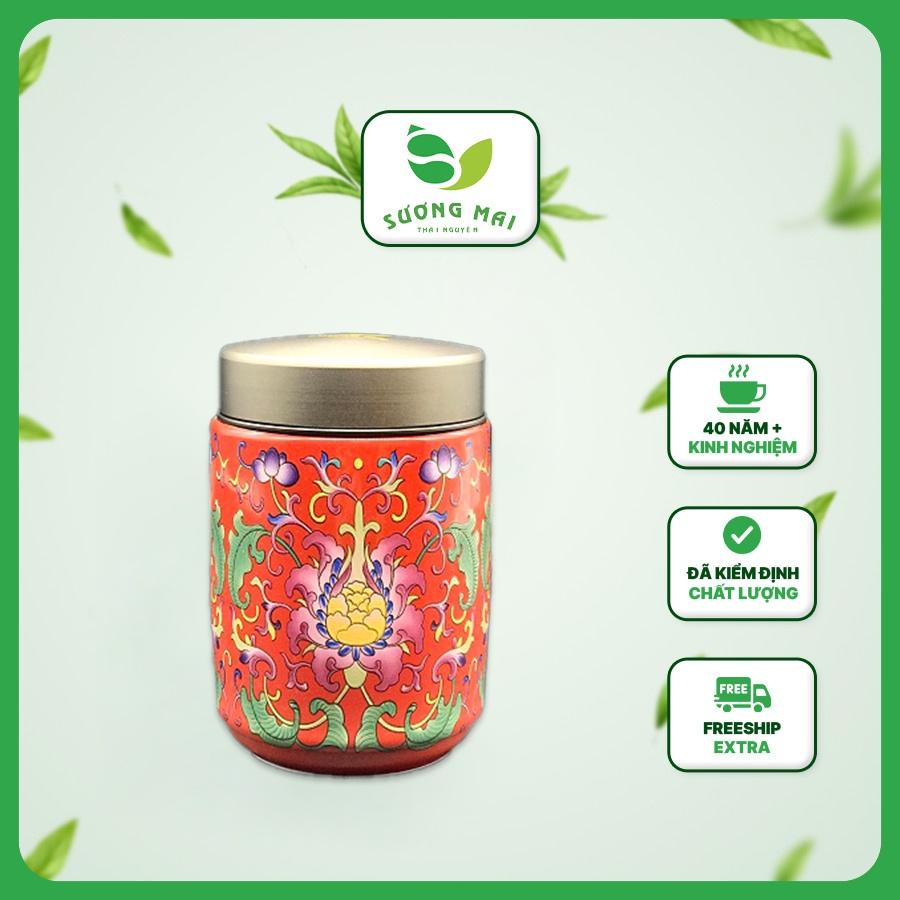 Hộp Đựng Trà Thái Nguyên SƯƠNG MAI Hũ Đựng Chè Chất Liệu Gốm Sứ Pháp Lam Trang Họa Tiết Nhã Dung Tích Dung Tích 500 ML