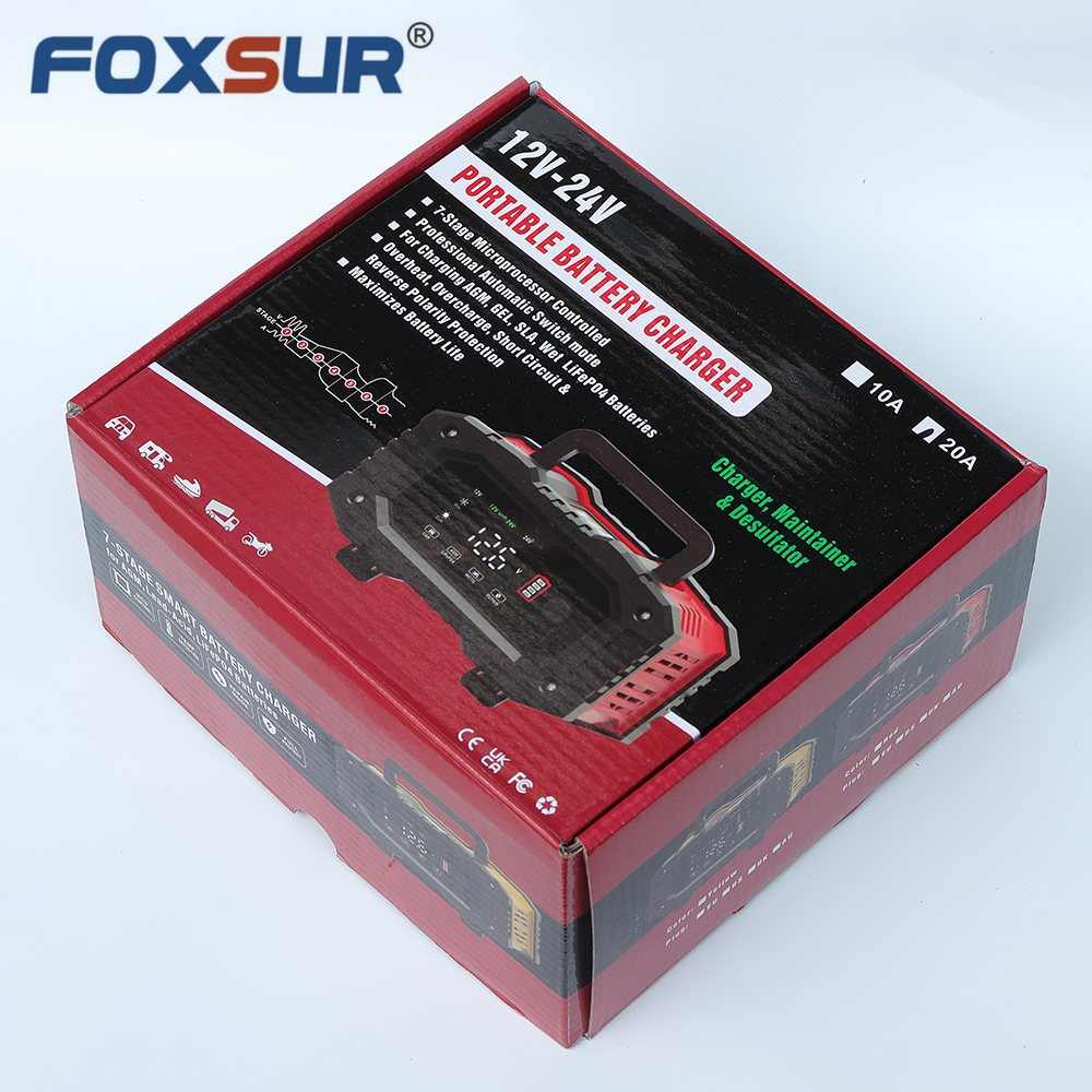 Sạc bình ắc quy 12V 24V 6Ah - 300Ah FOXSUR FPT-200 20A sạc bình ô tô xe máy xe tải pin sắt LiFePO4 tự ngắt