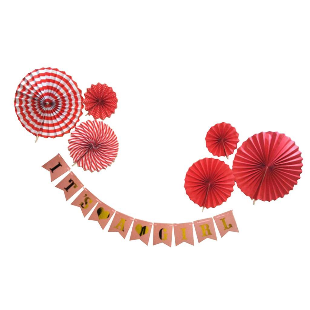 Its A Girl Bunting Banner Garland Paper Pinwheel Fans Baby Shower Kit Red