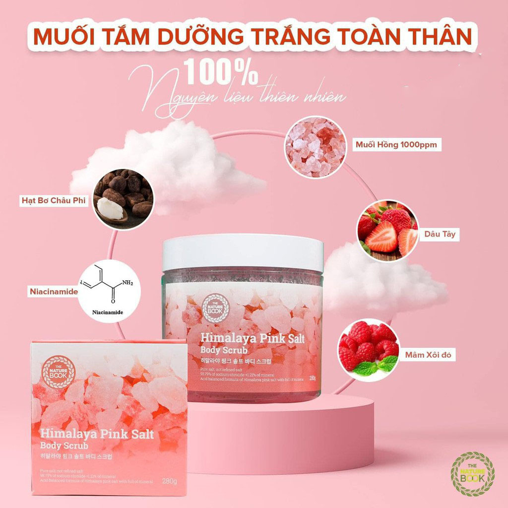 Muối tắm dưỡng trắng toàn thân từ muối hồng The Nature Book Himalaya Pink Salt Body Scrub 280g