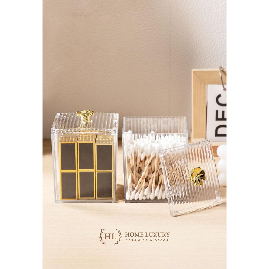 Lọ đựng tăm chỉ, bông mút, phụ kiện mỹ phẩm họa tiết vuông sọc kẻ núm hoa vàng Decor