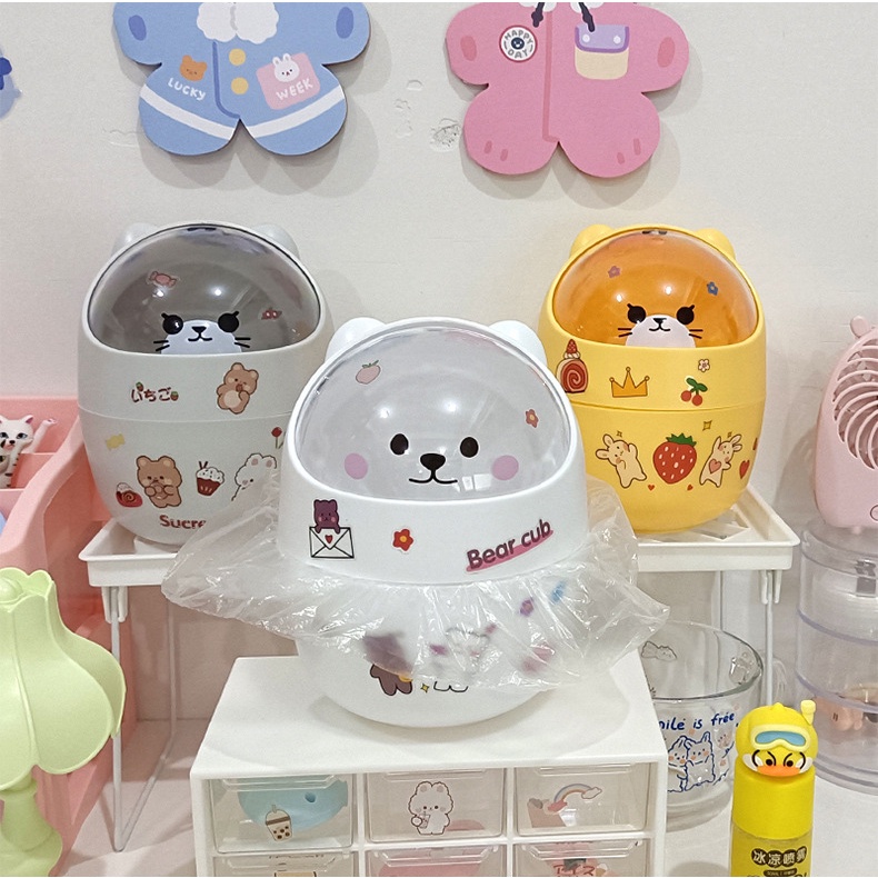 Thùng rác mini có nắp đậy để bàn hình gấu mèo cute sọt đựng rác thông minh dễ thương văn phòng phẩm