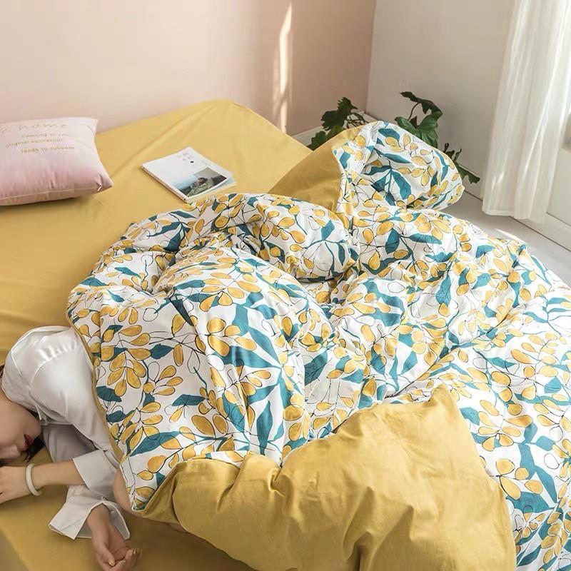 Bộ chăn ga gối Hàn Quốc hoa dây vàng bo chun đủ kích thước.