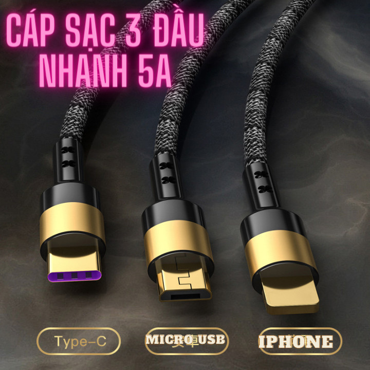 Cáp sạc nhanh,truyền dữ liệu tốc độ cao 5A với 3 đầu kết nối Type C, Micro và Lightning