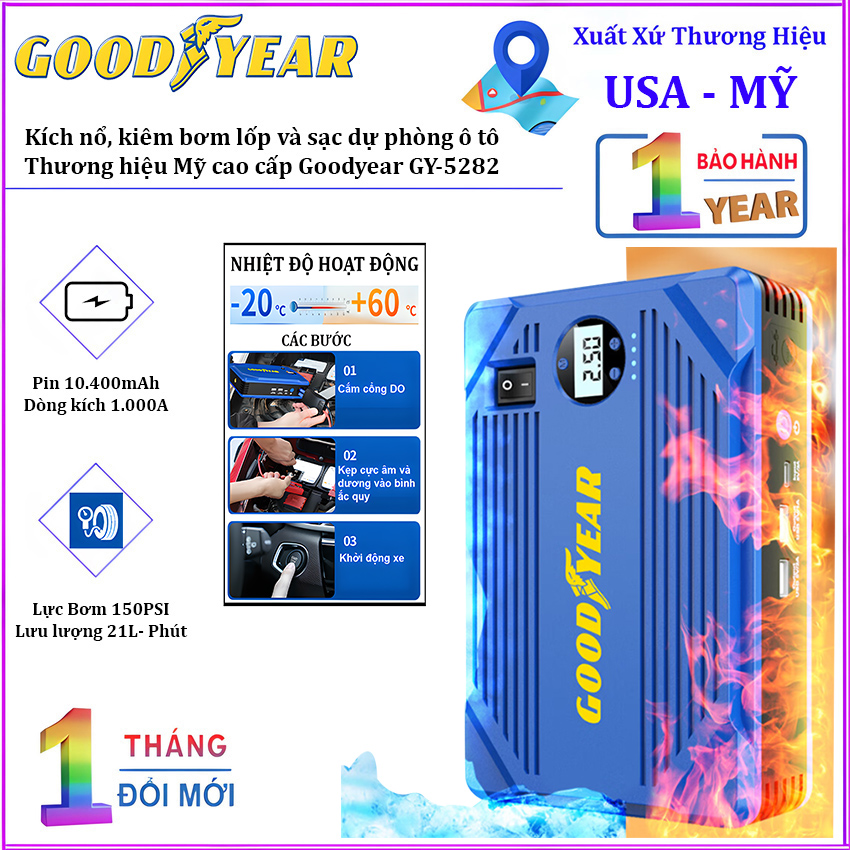 Bộ kích n.ổ, kiêm bơm lốp và sạc dự phòng dung lượng 10.400mAh dùng cho ô tô. Thương hiệu Mỹ cao cấp Goodyear GY-5282