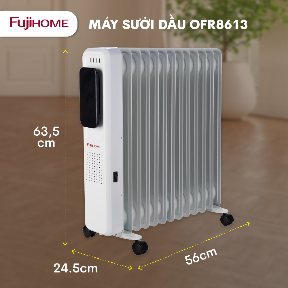 Máy sưởi dầu điều khiển từ xa không khô da Fujihome OH8613, máy sưởi ấm điện 13 thanh màn điện tử cảm ứng , tự ngắt an toàn tiết kiệm điện - Hàng chính hãng