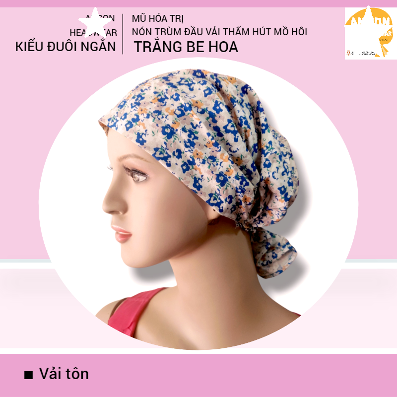 Nón hóa trị vải mềm mát, hút mồ hôi, bệnh nhân ung thư, chemo hat, nón trùm đầu [KIỂU ĐUÔI NGẮN-TRẮNG BE HOA]