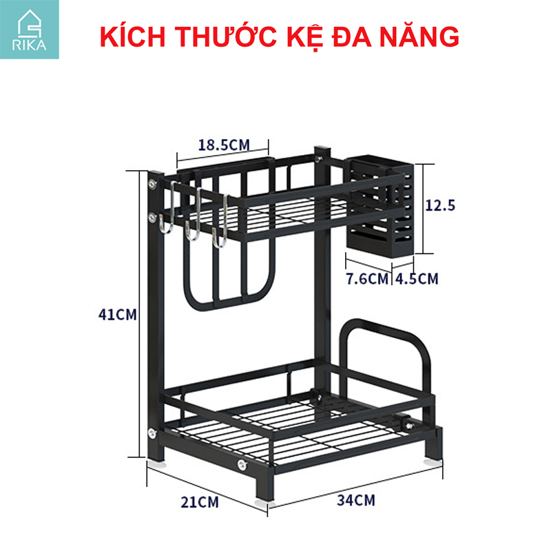Kệ gia vị đa năng đăng thông minh nhà bếp RIKA KDN-05 thép carbon sơn đen tích điện 2 tầng 3 tầng kèm ống để giao thớt ống đũa