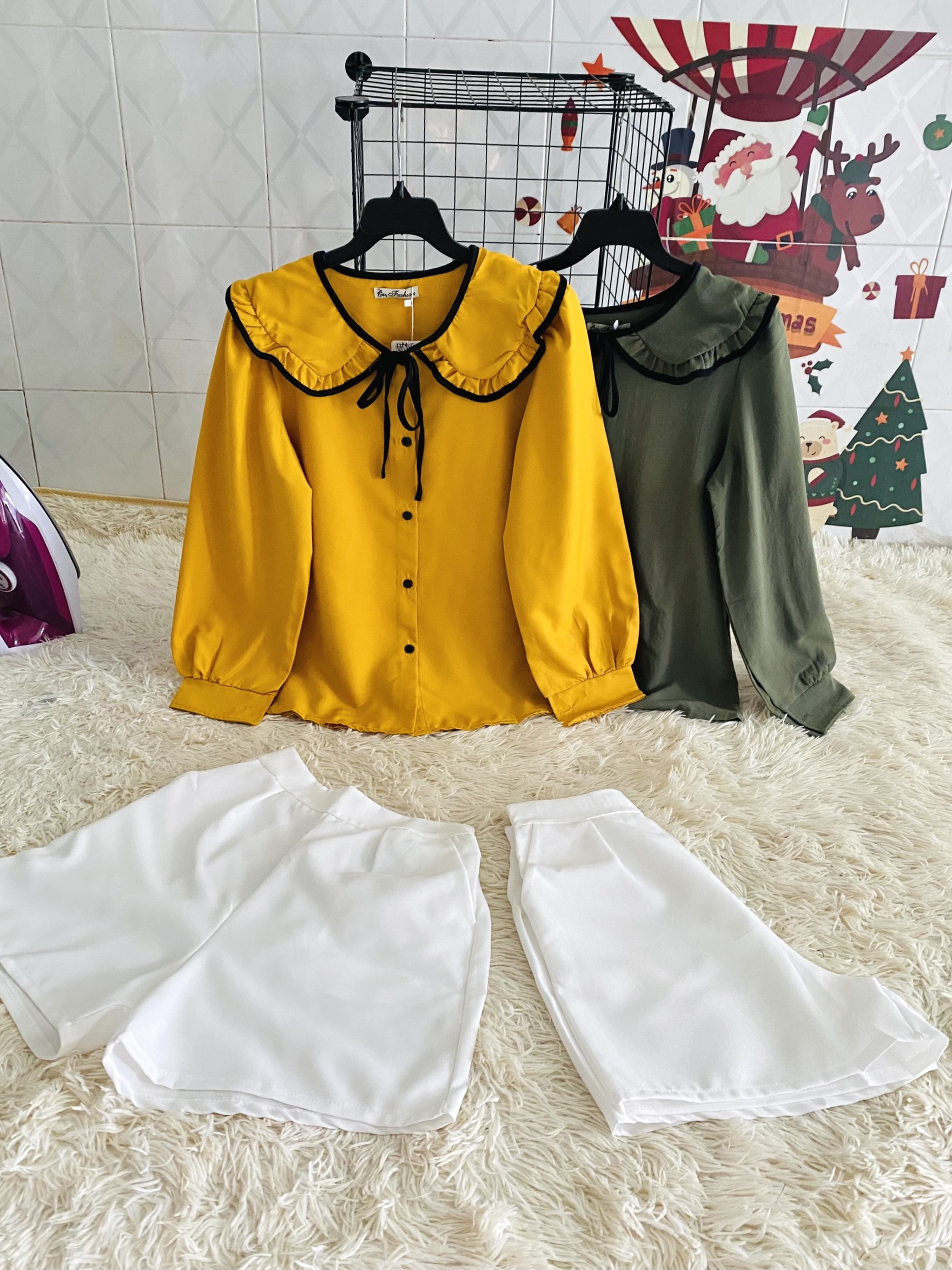 Set Đồ Nữ Áo Sơ Mi Cổ Bèo Tay Bồng Phối Quần Đùi Xinh Xắn