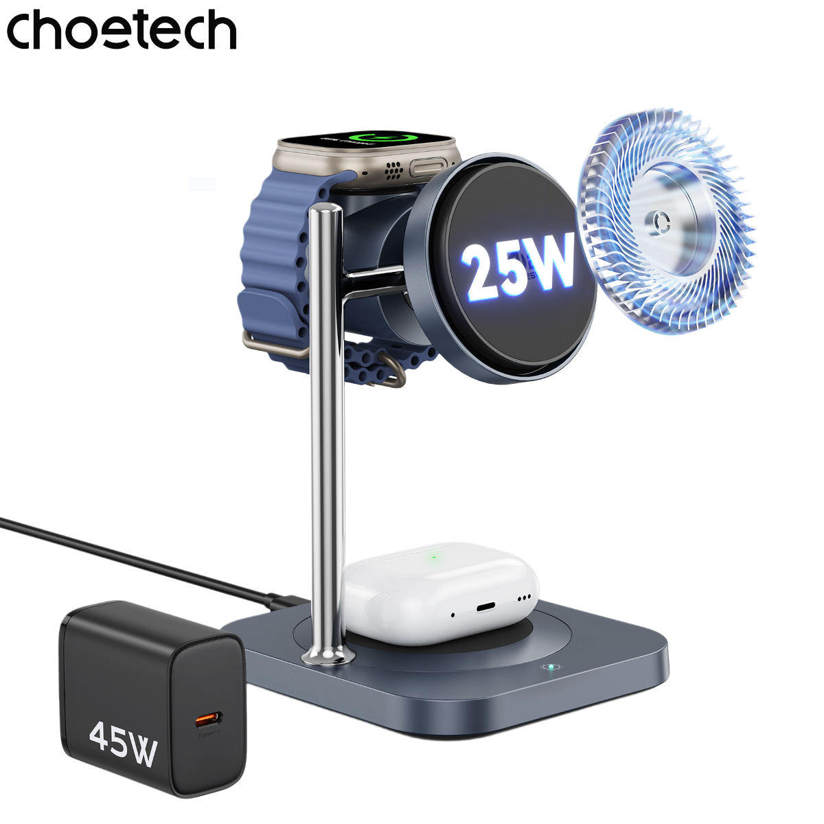 Đế Sạc Không Dây 3in1 Choetech T641-G Qi2 25W – Sạc Nhanh Từ Tính, Làm Mát Chủ Động - Hàng chính hãng