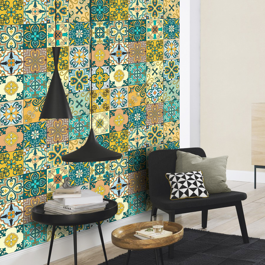 Decal gạch bông cổ điển màu xanh lá phối vàng nâu, Decal dán bếp, Decal dán tường, dán kệ, tủ gỗ .. Mẫu KT41