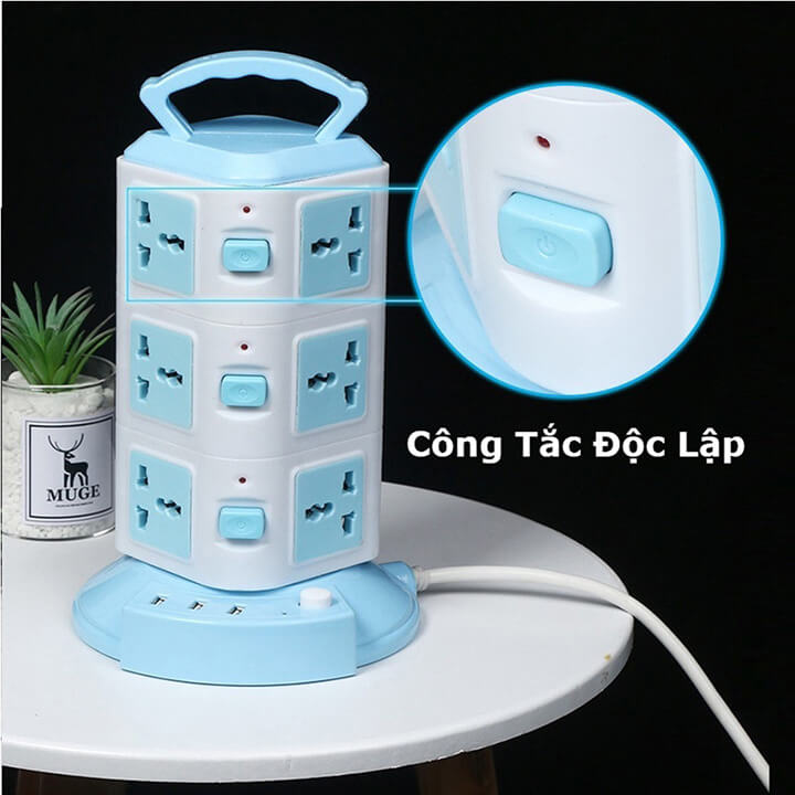 Ổ cắm điện đa năng 3 tầng 12 ổ cắm 3 cổng sạc nhanh USB 2.1A cho điện thoại, chịu tải 2500W, chống giật dây dài 1m8