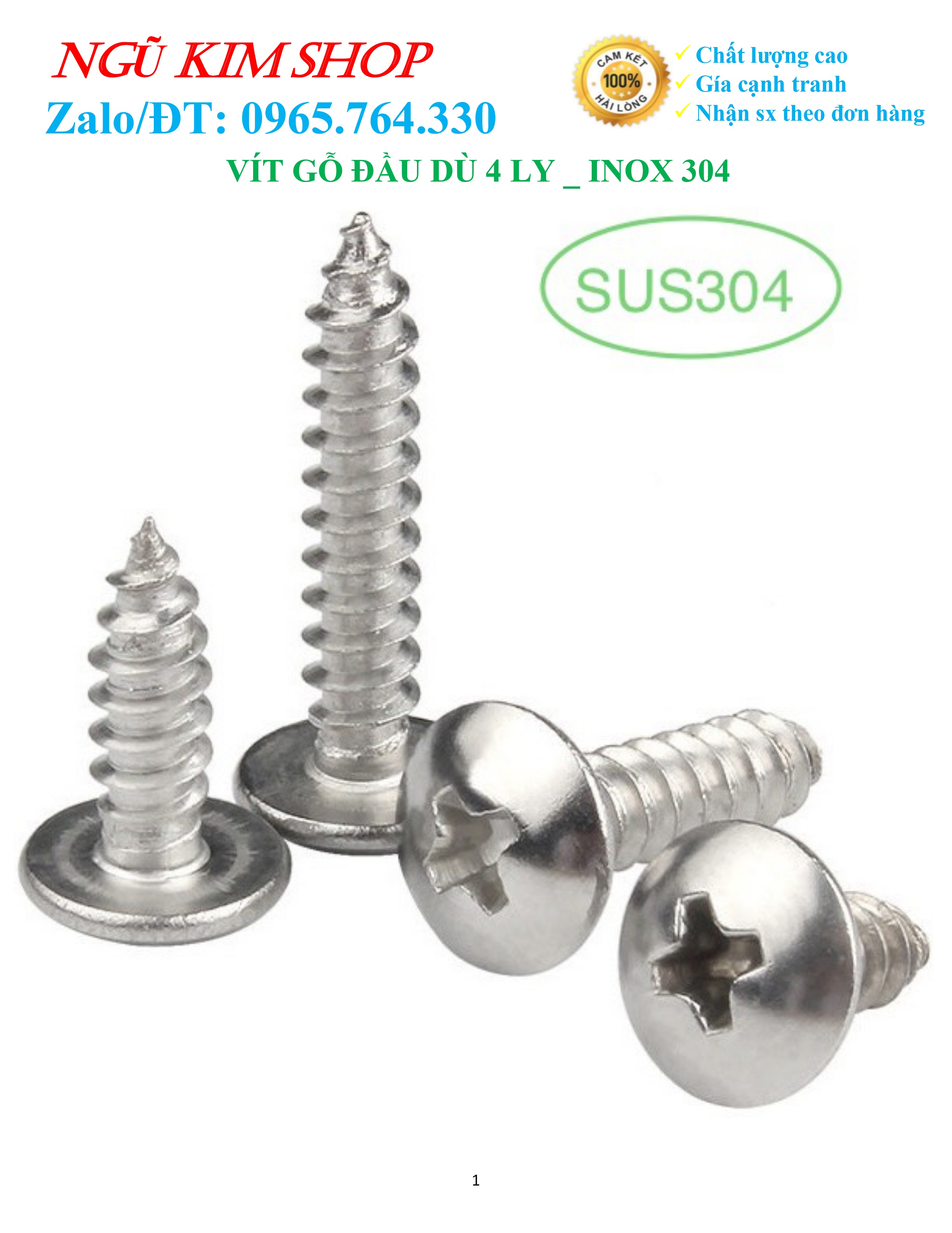 VÍT GỖ ĐẦU DÙ 4 LY _ INOX 304