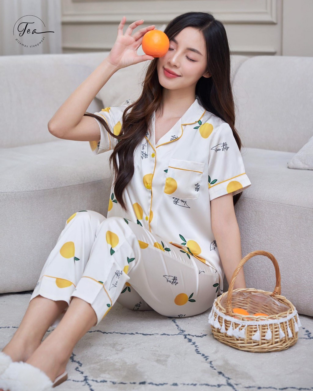 Bộ mặc nhà Pyjama lụa cao cấp Tea Store tay ngắn quần dài họa tiết quả cam xinh xắn