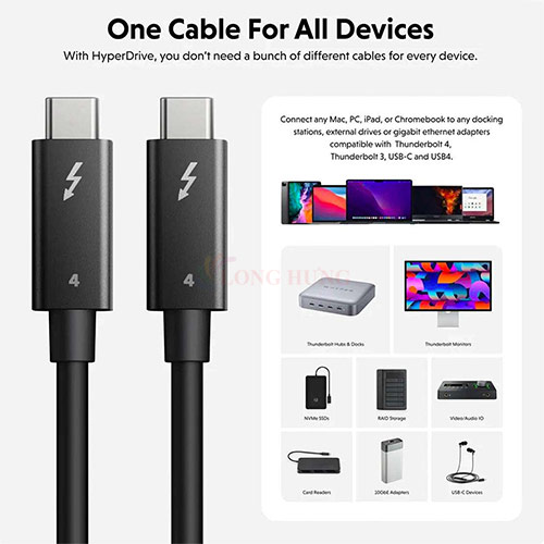Cáp USB Type-C to Type-C HyperDrive Thunderbolt 4 PD 100W 2m HDTB4AC2GL - Hàng chính hãng