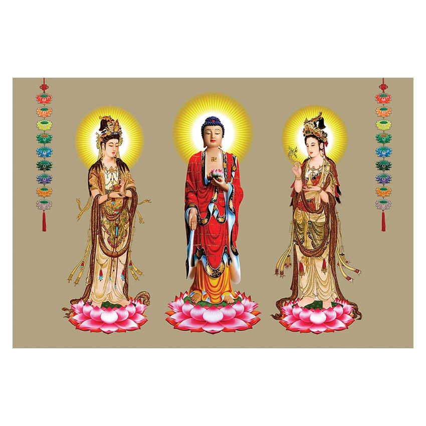 Tranh treo tường trang trí nơi thờ cúng mẫu Tam thánh, phật adida, thích ca mâu ni phật, Tranh Phật Giáo Tam Thánh 2454