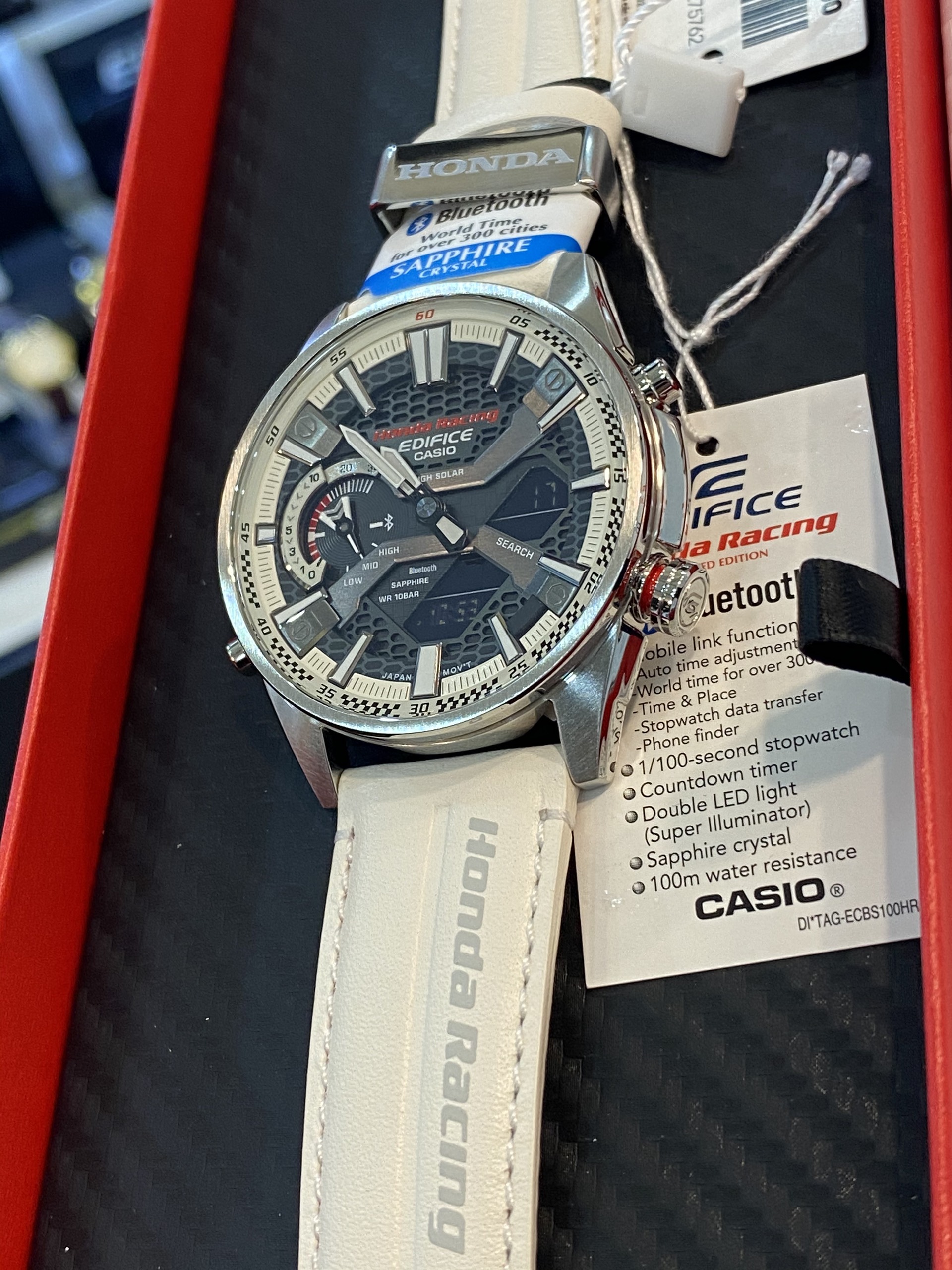 Đồng hồ nam dây da Casio Edifice ECB-S100HR-1ADR Phiên bản giới hạn HONDA RACING Championship - Tặng kèm dây vải dù | ECB-S100HR-1A