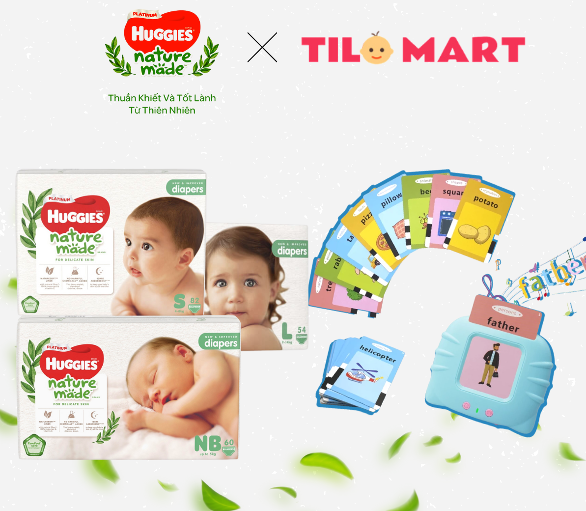 Hình ảnh Combo 3 gói tã dán Huggies Platinum Nature Made size NB60/S82/M64/L54/XL44 tặng máy học song ngữ Anh-Việt bao gồm thẻ TILO KIDS TLK-1199