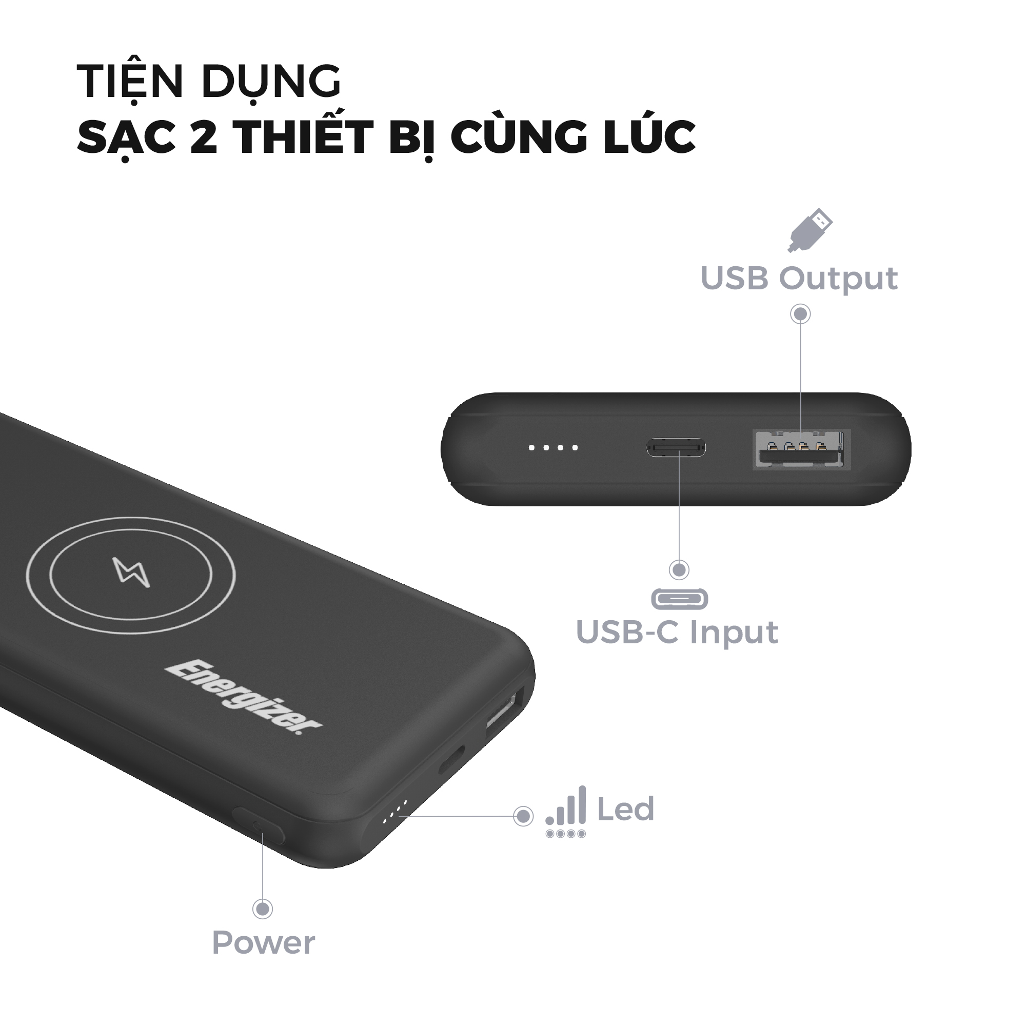 Sạc dự phòng Energizer 10,000mAh /3.7V Li-Polymer - QE10007 - tích hợp sạc không dây Qi 5W - Hàng chính hãng